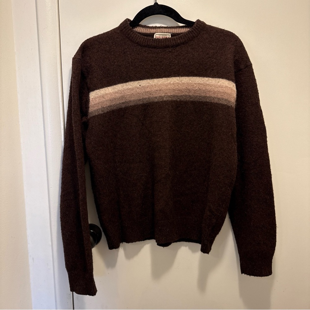 Wool Blend Brown Crewneck Sweater with Retro Stripes